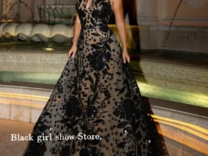 Black Sexy See-Through Prom Dress Customized Hanging Neck Floral Appliques A-Line Middle East Birthday Party Long فساتين سهرة