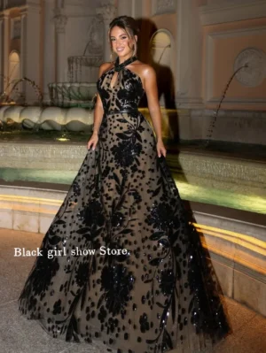 Black Sexy See-Through Prom Dress Customized Hanging Neck Floral Appliques A-Line Middle East Birthday Party Long فساتين سهرة
