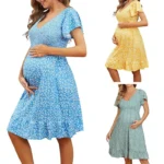 Maternity Summer Dress 2025 New Style Breathable V-neck Floral Loose Fit Comfortable Casual Short-Sleeve Dress Slim Waist Design