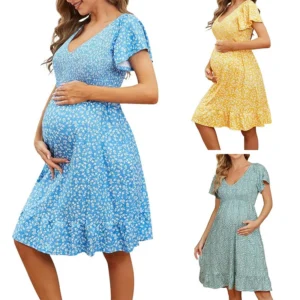 Maternity Summer Dress 2025 New Style Breathable V-neck Floral Loose Fit Comfortable Casual Short-Sleeve Dress Slim Waist Design