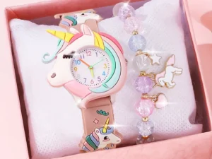 【Watch+Bracelet】Kegllect New Children's Cartoon Pattern Unicorn Silicone Bead Bracelet Set Student