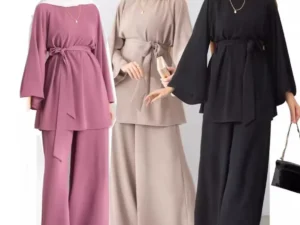 Eid Muslim Two Piece Set Islam Women Lace Up Shirt Wide Leg Pants Suits Ramadan Turkey Outfits Modest Morocco Abayas Ensembles