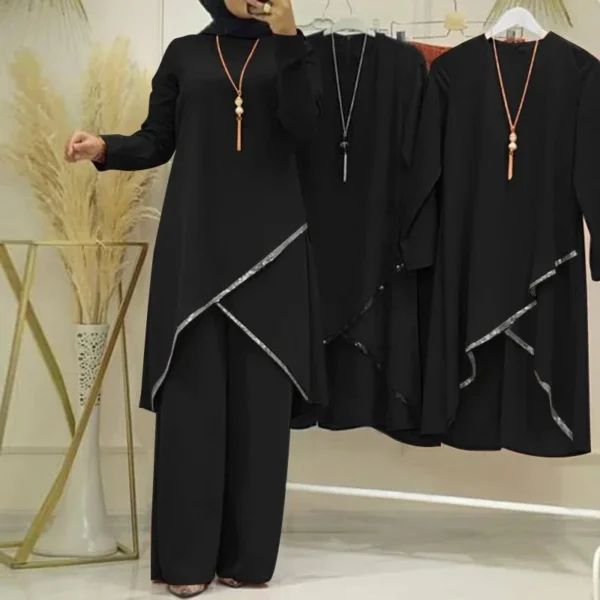 Women Eid Musulman Ensemble Muslim Sets Solid Blouses Wide Leg Pants Ramadan Morocco Two Pieces Dubai Kaftan Loose Modest - Image 5