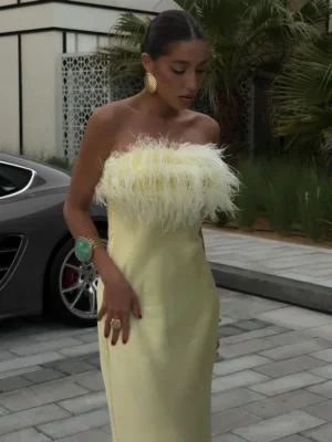 Elegant Yellow Satin Feather Long Vestido Women Sexy Strapless Backless Off Shoulder Slim Fit Dresses 2025 New Party Street Gown - Image 4