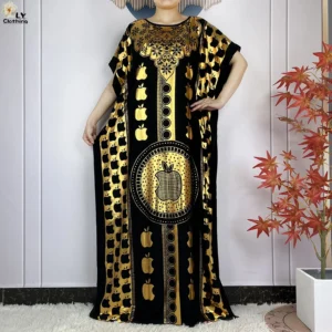New Summer Short Sleeve Robe Cotton Loose Lady Dress With Big Scarf Gold Stamping Boubou Maxi Islam Women African Abaya Clothing - Image 6