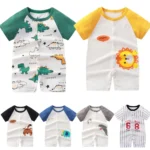 Newborn Clothes Cute Cartoon Dinosaur Tiger Shark Lion Print Strap Comfortable Summer Boys Girl 0-18 Short Sleeved Baby Jumpsuit