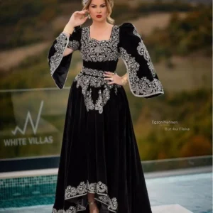 Customized Black Velvet Moroccan Caftan Evening Dresses with Long Sleeve Silver Applique Beaded Karakou Algerien Prom Gowns