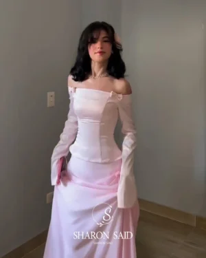 Sharon Said Dubai Pink Off Shoulder Evening Dresses with Bow Long Sleeves for Women Wedding Formal Gown SF393 Customized - Image 3