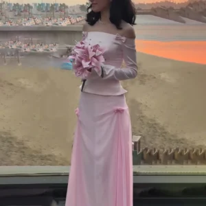 Sharon Said Dubai Pink Off Shoulder Evening Dresses with Bow Long Sleeves for Women Wedding Formal Gown SF393 Customized