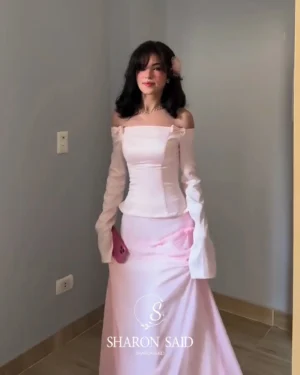 Sharon Said Dubai Pink Off Shoulder Evening Dresses with Bow Long Sleeves for Women Wedding Formal Gown SF393 Customized - Image 4