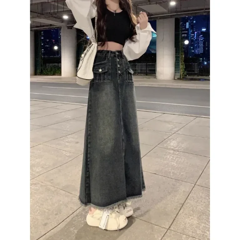 High Waist A- Line Denim Skirt Women's Spring Autumn Miniature Meat Conceal Slimming Frayed Mid-Length Umbrella Skirt - Image 4