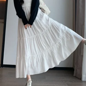 Spring Summer Women Long Skirts Fashion High Waist Elastic Patchwork A-Line Skirt Casual All-Match White Cake Maxi Skirts Female - Image 3