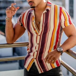 New Men's Shirts Fashion Stripes Print Short-sleeved Tees Summer Tops Men Turn-down Collar Button Casual T-shirt Clothing - Image 6