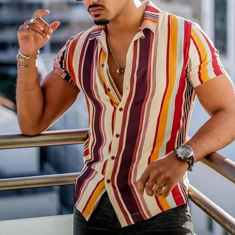 New Men's Shirts Fashion Stripes Print Short-sleeved Tees Summer Tops Men Turn-down Collar Button Casual T-shirt Clothing - Image 6