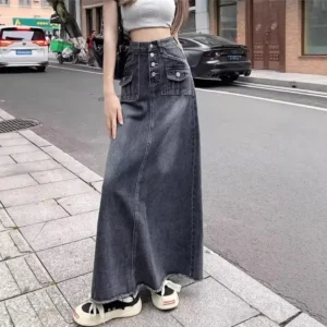 Retro High Waist Denim Skirt Women's Mid-Length A- Line Design Sensation Slimming Large Size Autumn Fashion Skirts
