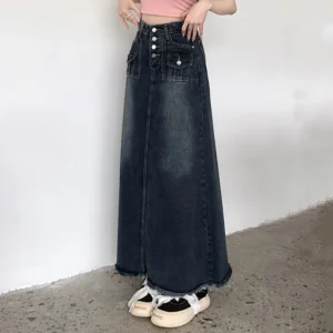 S-5XL New Streetwear Denim Skirt Spring Summer Fashion Frayed Hem Pocket High Waist Long Jeans Skirt Loose Plus Size Skirt - Image 4