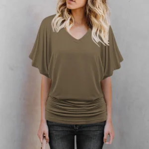 2024 New Summer Commuting Minimalist Loose Fit Plus Size Straight Tube Batwing Sleeve Solid V-neck Hem Folds Women's T-shirt Top - Image 4