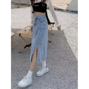 Denim Skirt Women's Autumn 2024 New Style High-Waisted Side Slit Design Hip Covering A- Line Long Dress Trendy - Image 3