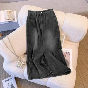 High Waist Slit Denim Mini Skirt Women's Korean Style Spring Summer Small Size Half Skirt Retro Bodycon Long Skirt - Image 4