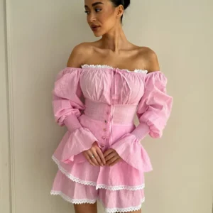 Fashion Off Shoulder Shirt Short Pants Suit Women Lace Up Solid Puff Sleeve Patchwork Shorts Female 2025 Summer Beach Sets Lady