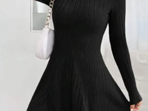 Women's slim fit half high collar waist cinched A-line skirt long sleeved pit stripe dress