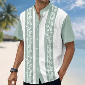Ethnic Style Men's Color Blocked 3D Printed Button Neck Short Sleeved Shirt, High-quality Hawaiian Beach Top Hemd Herren - Image 5
