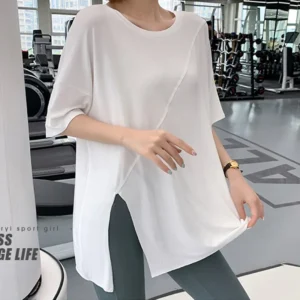 New Summer Large-size Slit Sports Shirt Yoga Suit Short-sleeved Quick-drying Thin Short-sleeved Women's Loose Running T-shirt