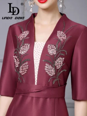 LD LINDA DELLA High Quality Women's Fashion Design Half Sleeve V-neck Embroidered Slimming High Waist Big Swing Dress - Image 4