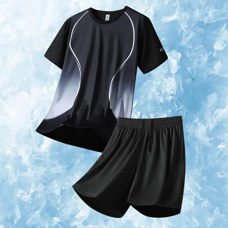 Men's Summer Ice Silk Basketball Uniform Short Sleeve Sportswear Set Thin Model Quick Dry Breathable Shorts Pants Suit