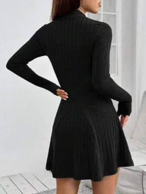 Women's slim fit half high collar waist cinched A-line skirt long sleeved pit stripe dress - Image 2