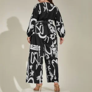 Plus Size Rafiah Women's Summer Sets 2025 Daily Long Sleeve V-Neck Top Full Length High Waist Pants Full Print Casual Sets - Image 3
