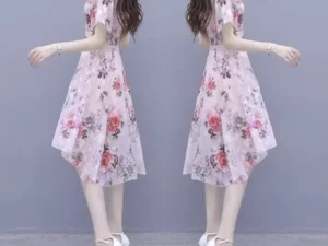 Summer New Style Korean Mommy Dress Short Sleeve Print Waist Cinched Midi Skirt Polyester Fiber round Neck Short Length