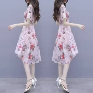 Summer New Style Korean Mommy Dress Short Sleeve Print Waist Cinched Midi Skirt Polyester Fiber round Neck Short Length