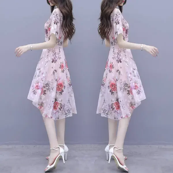 Summer New Style Korean Mommy Dress Short Sleeve Print Waist Cinched Midi Skirt Polyester Fiber round Neck Short Length