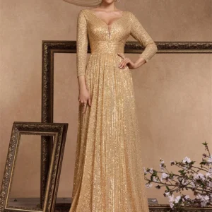 Lucyinlove Luxury V Neck Long Sleeves Blue Sequins Formal Evening Dress Women 2024 Wedding Party Prom Maxi Cocktail Dress Gowns
