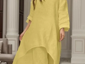 Women Autumn Casual Cotton Linen O Neck Solid Pullover Elegant Fashion Wide Leg Pant Irregular Hem Top Long Sleeve Commute Suit