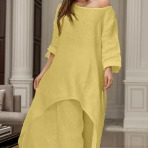 Women Autumn Casual Cotton Linen O Neck Solid Pullover Elegant Fashion Wide Leg Pant Irregular Hem Top Long Sleeve Commute Suit