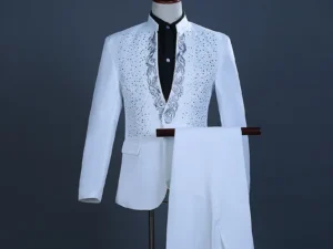 White Sparkly Crystals Embroidery Men Suits Jacket+pants Stand Collar Wedding Party Groom Stage Diamond red Tuxedo Formal suit
