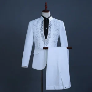 White Sparkly Crystals Embroidery Men Suits Jacket+pants Stand Collar Wedding Party Groom Stage Diamond red Tuxedo Formal suit
