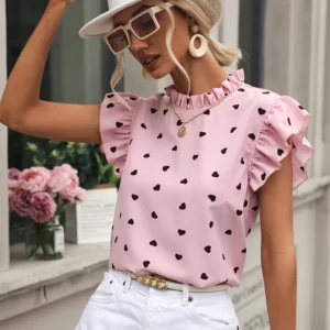 Fashion Chiffon Print Women's Shirt Casual Ruffle Short Sleeve Top Pink Chic Woman Blouse And Shirts Elegant Blouses Summer 2024