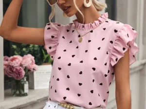 Fashion Chiffon Print Women's Shirt Casual Ruffle Short Sleeve Top Pink Chic Woman Blouse And Shirts Elegant Blouses Summer 2024