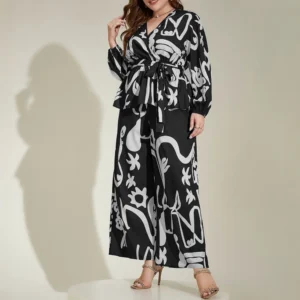 Plus Size Rafiah Women's Summer Sets 2025 Daily Long Sleeve V-Neck Top Full Length High Waist Pants Full Print Casual Sets - Image 6