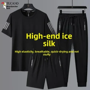 Ice Silk Summer Men's Casual Sportswear Set Short Sleeve T-Shirt Shorts Pants Running Three-piece Set Large Size Striped Pattern - Image 5
