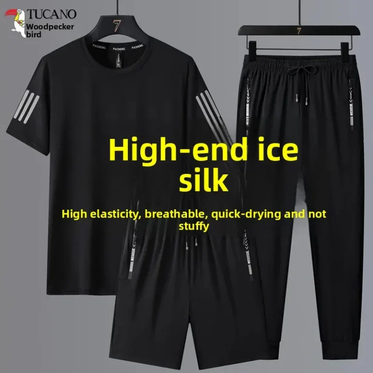 Ice Silk Summer Men's Casual Sportswear Set Short Sleeve T-Shirt Shorts Pants Running Three-piece Set Large Size Striped Pattern - Image 5