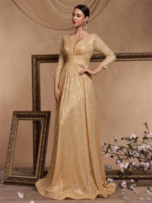 Lucyinlove Luxury V Neck Long Sleeves Blue Sequins Formal Evening Dress Women 2024 Wedding Party Prom Maxi Cocktail Dress Gowns - Image 4