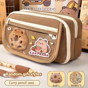 7Pcs Cute Capybara Canvas Pencil Case Set with Doll Stickers Spacious Layered Compartment Zipper Closure Back to School Supplies - Image 2