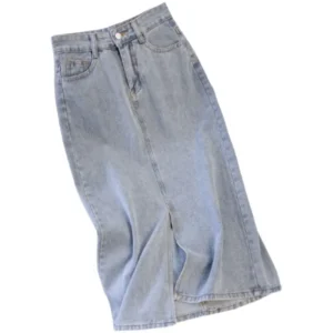 2024 Summer Vintage Elegant Side Slit High-Waisted Medium-Length Denim Skirt For Women Trendy Over-Knee A- Line Skirt - Image 5
