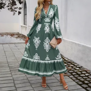 Elegant Autumn Winter V-neck A- line Dress Women's Fashionable Printed Dress Lantern Sleeve Full Length Knee-length Dress - Image 3