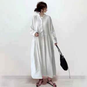 Cross-Border E-commerce Japanese Style Loose-Fit Plus Size Slimming Stand Collar Cotton Linen Shirt Dress Large Movement Long Dr - Image 2