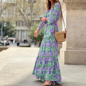 Women's Elegant Long Dress Spring New Fashion Printed V-neck Long Sleeve High Waist Elastic Waist Medium Length Bohemian Dresses - Image 2